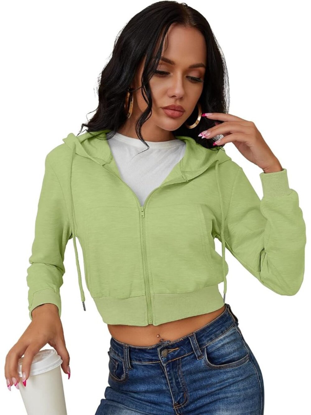 〽️Women's Celery Green Cropped Zip Hoodie Long Sleeve Hooded Jacket Casual Sweat